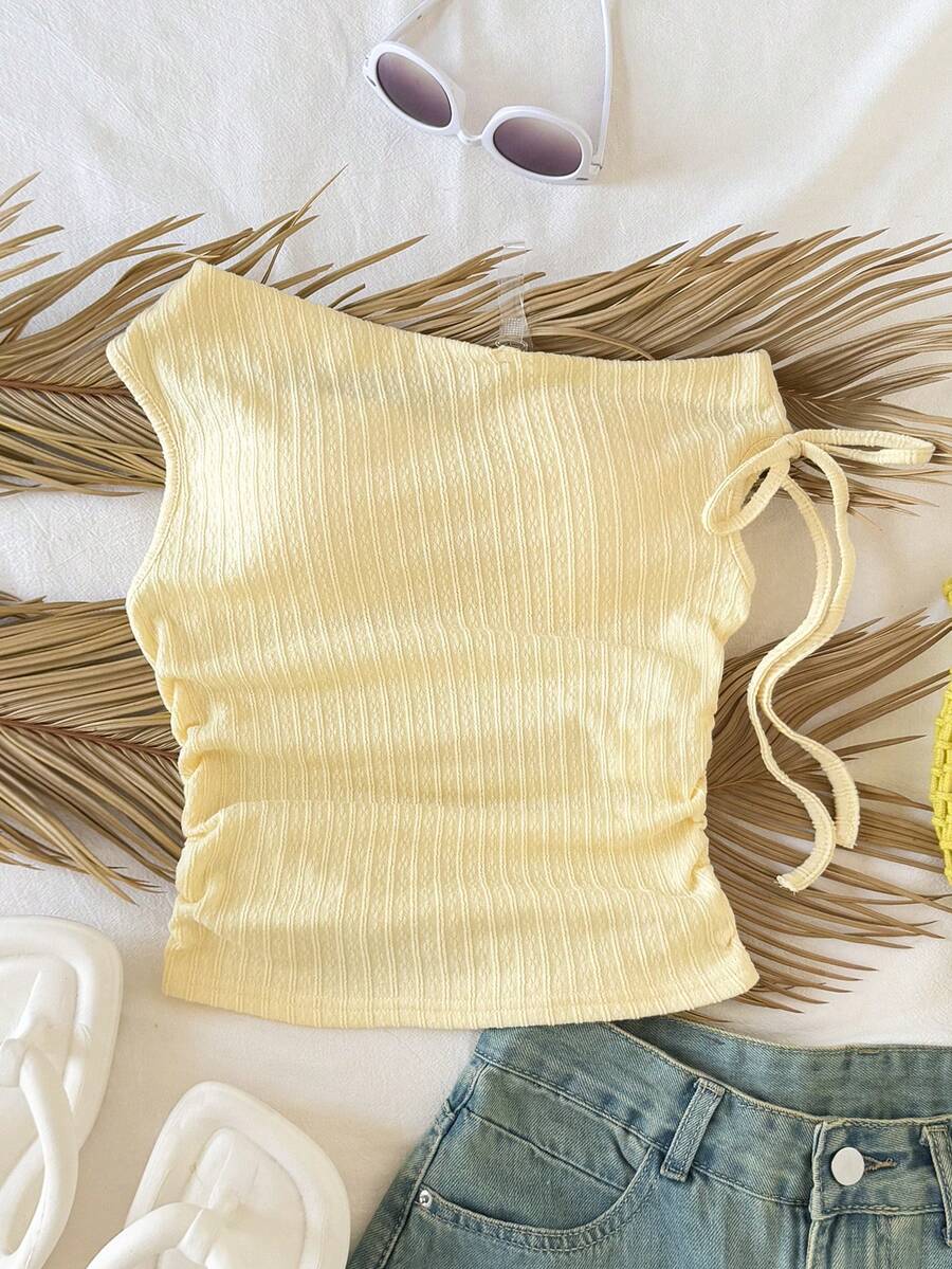 SHEIN 少女纯色扭结不对称领休闲T恤 - 黃色 - 查看 1