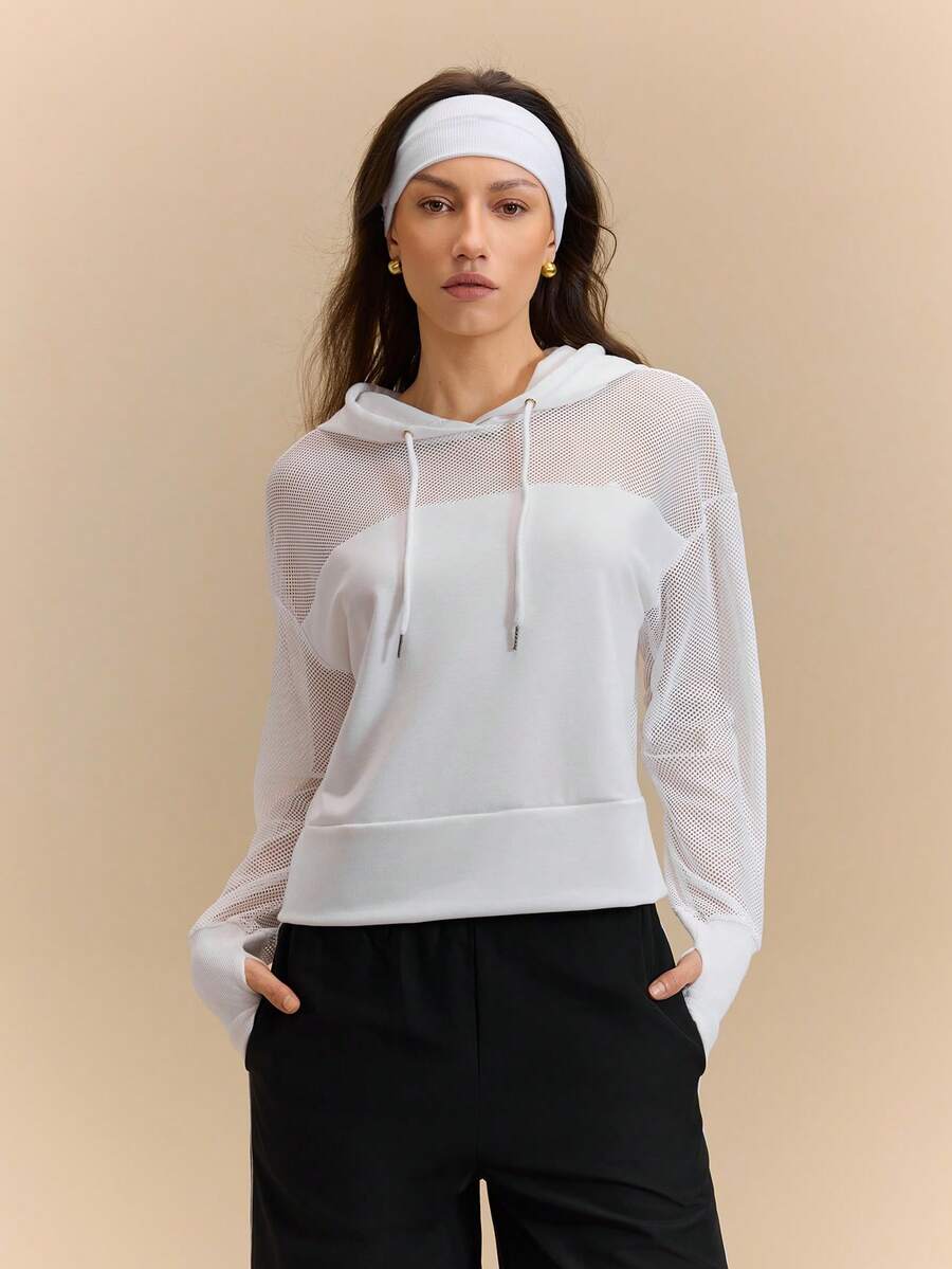 Firalyn Women's Solid Color Grid Splicing Hoodie, Fashion, Light Outdoor Sports - White - View 1