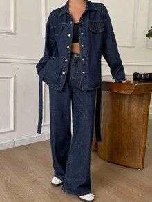 Dazy Tall Women Tall Size Lapel Cardigan With Belt Decor And Straight Leg Casual Denim Pants Set - Dark Wash - View 3