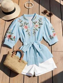 SHEIN Franclia 女士优雅印花腰带蝴蝶结衬衫 - 彩色 - 查看 3