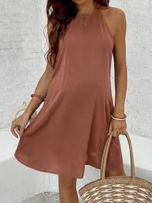 SHEIN Rochie de maternitate casual, cu imprimeu halter, la modă, în culoare solidă - Lemn rosu - Vizualizare 6