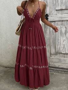SHEIN EZwear 酒红色梭织休闲度假刺绣吊带连衣裙，女士，春夏款 - 酒紅色 - 查看 6