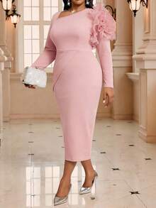 Fleurora 大码纯色简约长袖休闲连衣裙 - 粉色 - 查看 3