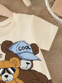 Playful Pals SHEIN Toddler Boys Casual Minimalist Cute Bear Graphic Print Comfortable Light Apricot Knit Crew Neck Short Sleeve T-Shirt, Suitable For Spring/Summer, Loungewear, Outdoor, School Wear - Multicolor - View 6