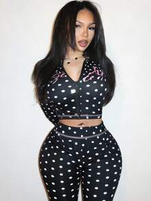 Slaydiva New Spring/Summer Casual Street Style Sexy Slim Fit Black Polka Dot Letter Print Hooded Cardigan Long Sleeve T-Shirt + Flared Pant Women Two Pieces Set.Suitable For Valentine's Day, Dates, Party, Gatherings, Holidays, Vacation,Nomadic Style, Beach, Seaside,Concerts, Everyday Outings, New Year's, Revelry, Brunch Outfits, Hot Girl, Wedding Guest Outfits, Wedding Season,-B Pants Set Two Piece - Multicolor - View 7