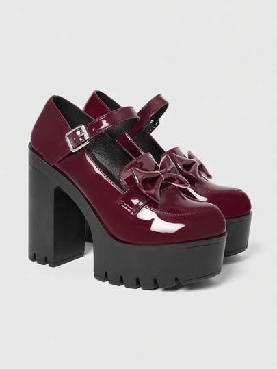 Sugerpunk 女士哥特式漆皮厚底高跟鞋，朋克风格乐福鞋，单带、蝴蝶结和金属方扣装饰；性感女鞋，适合夜总会、派对和假日穿着。