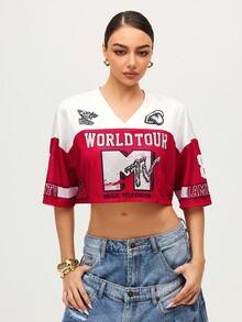 MTV | SHEIN Women's Summer Street Patchwork Mesh Letter Graphic Cropped Drop Shoulder T-Shirt - Red and White - View 7
