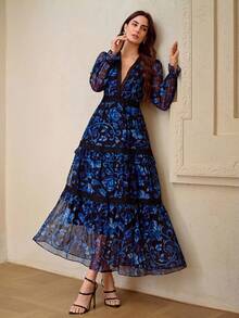 ZEYLAH Floral Print Patchwork Lace Romantic Women Dress, Autumn/Winter - Blue - View 6