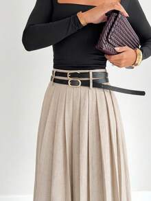 Siren Gaze 2025秋冬新款百褶裙，高腰A字裙，双腰带设计，侧开衩口袋，复古风格长裙，优雅正式休闲工作派对皆宜，适合通勤/商务/外出/教师/日常穿着，秋冬必备单品 - 杏色 - 查看 5