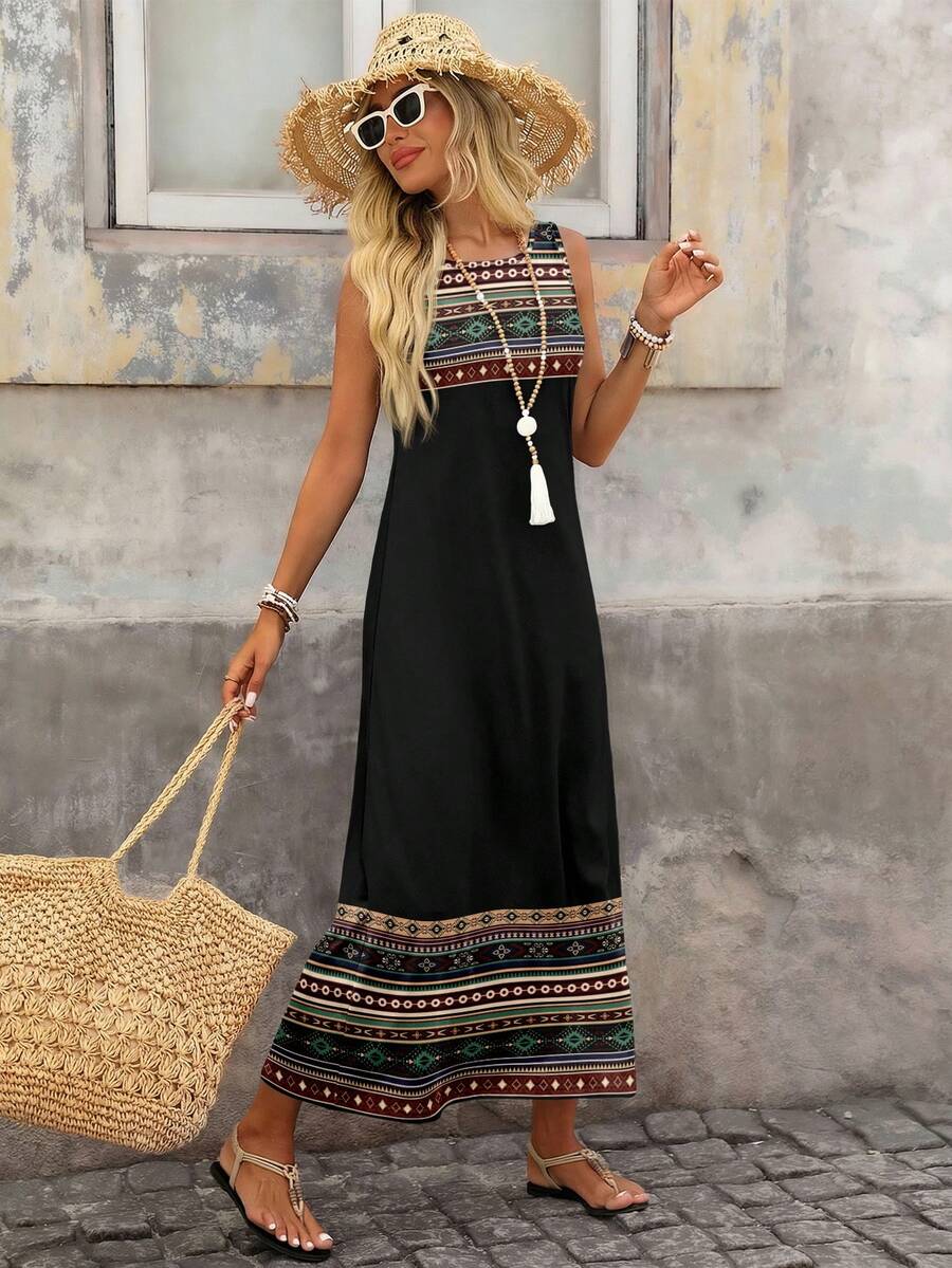 EMERY ROSE Casual Minimalist Geometric Placement Retro Print Sleeveless Dress For Women, Suitable For Spring/Summer, Vacation Style - Multicolor - View 1