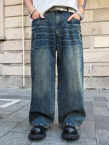 Manfinity EMRG Quần jeans ống rộng dáng suông, phong cách thường ngày, thích hợp cho nam giới, phù hợp với đường phố và đi làm. - Rửa tối - Xem 8