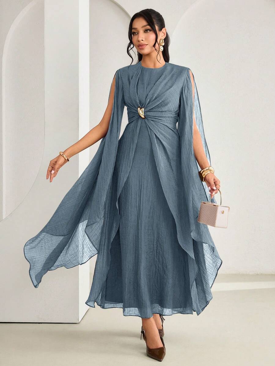 Veilorie Đầm dài tay bất đối xứng thiết kế mới, xếp ly eo, khóa kim loại xoắn trang trí, thanh lịch, nhẹ nhàng, mềm mại, thích hợp cho các buổi tụ họp. - Màu xanh lam - Xem 1