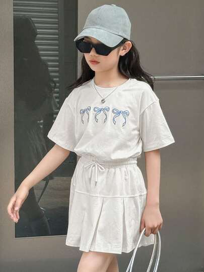 Dazy Kids Tween Girls' Casual Bow Print T-Shirt And Skirt Set, Summer