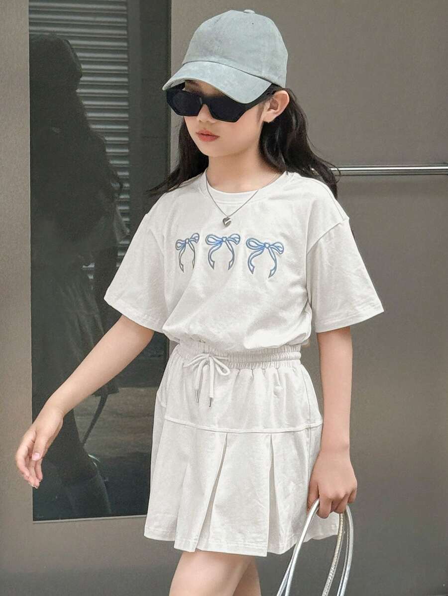 Dazy Kids Tween Girls' Casual Bow Print T-Shirt And Skirt Set, Summer - White - View 1