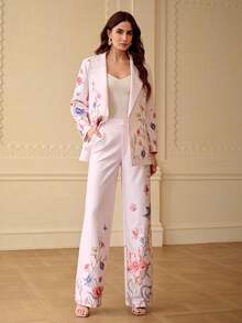 ZEYLAH Women's Elegant Floral Print Loose Suit Pants With Pockets, Spring/Summer