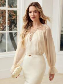 MOTF PREMIUM WOMEN'S CHIFFON CONTRAST LACE RIBBON EMBROIDERED ROMANTIC BLOUSE - Apricot - View 1