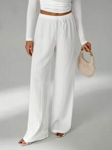 SHEIN Tall Loose Drawstring Waist Trousers In Textured Crinkle Fabric White Wide Leg Pants Women White Linen Pants Women - White - View 7
