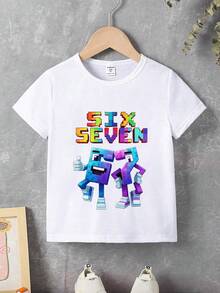 Camiseta de manga corta con cuello redondo y estampado de letras y dibujos animados, informal para niño, verano - Blanco - Ver 3