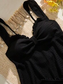 Swim Vcay Women's Solid Color Lining Fabric Lace Trim Camisole & Bikini Set, Suitable For Summer Beach & Vacation - Black - View 7