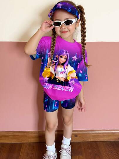 SHEIN Neon Purple Cyberpunk Sweet & Cool Sports Style, K-POP Cartoon Girl , Six-Seven Hand Gesture Print, Young Girl Casual Comfortable Round Neck Short Sleeve T-Shirt And Shorts 2-Piece Set, Suitable For Spring/Summer Everyday, Home, Sports