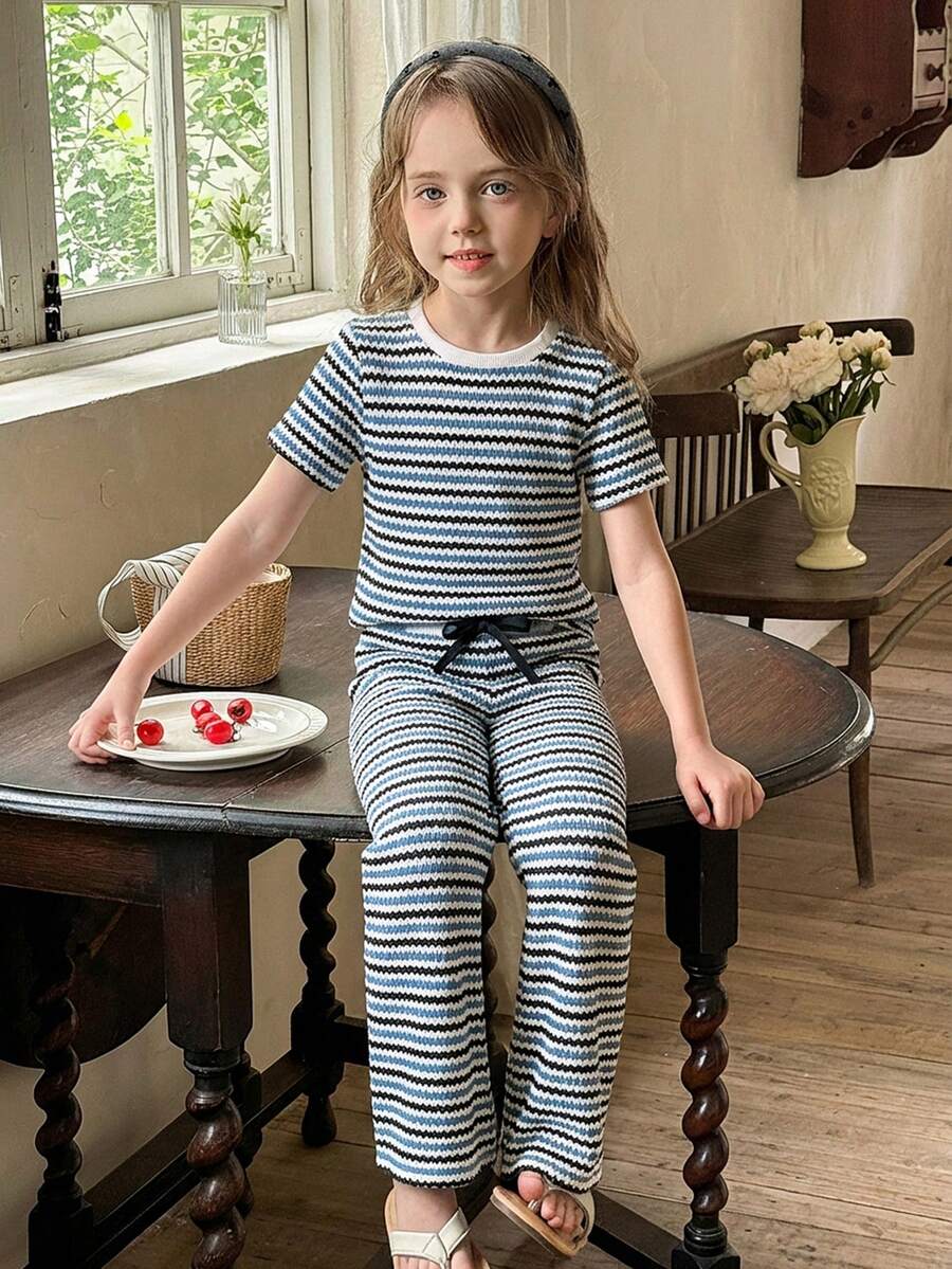LMoss Kids 2pcs/Set Young Girl Striped Crew Neck Casual T-Shirt And Skinny Pants Outfit,Kids - Dusty Blue - View 1