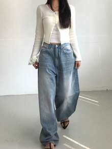 DAZY Vintage Washed Loose Fit High Waist Wide Leg Jeans, Versatile Light Blue Denim Pants For Women, Winter Y2k - Light Wash - View 5