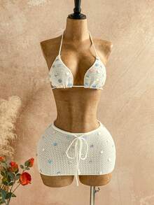 Soleia Women's Vacation Sequin Cropped Halter Knit Top And Knitted Mini Skirt 2 Pieces Set - White - View 5