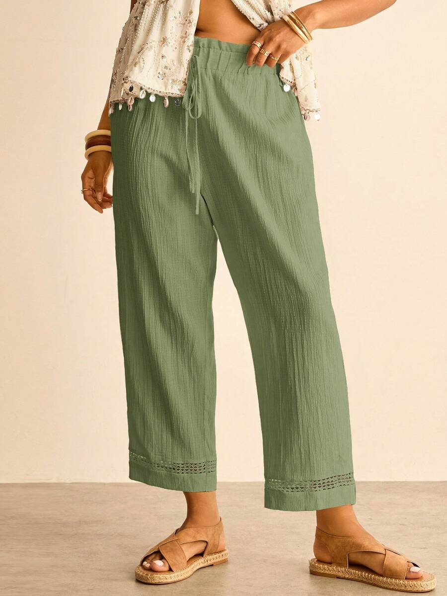 Freevana Pantalones casuales de pierna recta con lazo en la cintura para mujer de talla grande - Verde - Ver 1
