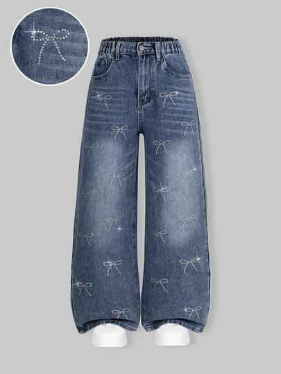 SHEIN Explorewe Jeans estilo Y2K para niñas preadolescentes, nueva llegada para otoño/invierno, jeans de pierna ancha retro de color azul claro con moño de strass, pantalones vaqueros lavados de moda casual, versátiles para múltiples ocasiones