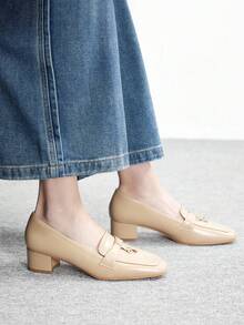 CUCCOO BIZCHIC Women's Square Toe Gold Lock Design Fashion High Heels For Daily Commute - Apricot - View 2