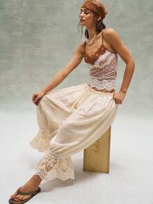 Bohemela Women's Vacation Casual Lace Patchwork Pants - Beige - View 2