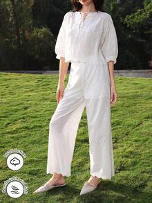 Mulvari Casual V-Neck Drawstring Mid-Sleeve Top And Elastic Waist Straight Leg Pants Set, Spring/Summer - White - View 8