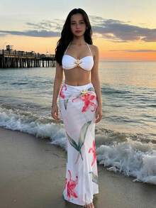 SHEIN 少女百合花图案比基尼，沙滩三件套，度假