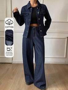 DAZY Women's Solid Color Button Front Long Sleeve Jacket And Pants Casual Denim Suit - Blue - View 1