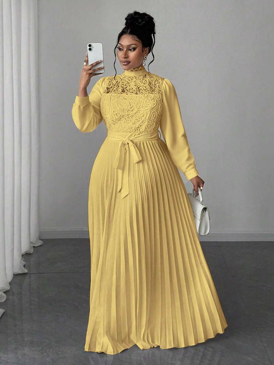 Maweii Đầm dài dáng ôm thanh lịch phối nhiều mảnh dành cho phụ nữ cỡ lớn - Màu vàng - Xem 1