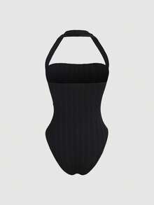 Sweetra Women's Textured Fabric Fitted Halter Bodysuit, Casual Vacation - Black - View 2