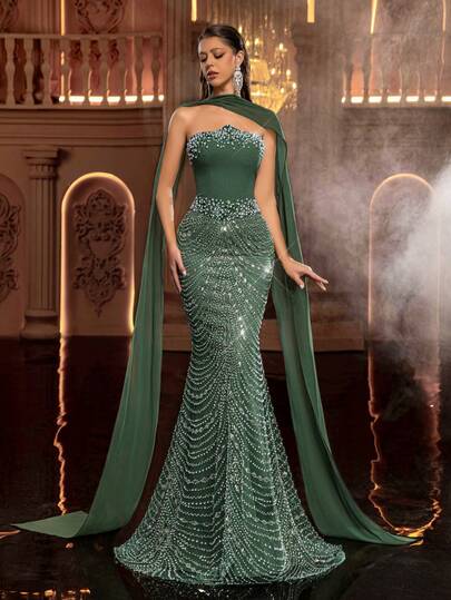 Glamrae 优雅奢华亮片水钻装饰仿珍珠吊带美人鱼连衣裙，配有可拆卸颈带，适合婚礼、派对、度假、晚宴、正式场合（装饰繁复）