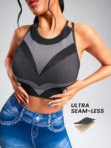 Innovista Summer Fashion Breathable Contrast Color Round Neck Cropped Sports Tank Top Seamless Bra Black/Grey Jacquard Sports Bra Women, Removable Pads, Adjustable Cross Back Straps , Breathable Mesh Knit, Medium-High Support Sculpting | Gym HIIT Yoga Pilates | Gymtok Athleisure - Black and White - View 4