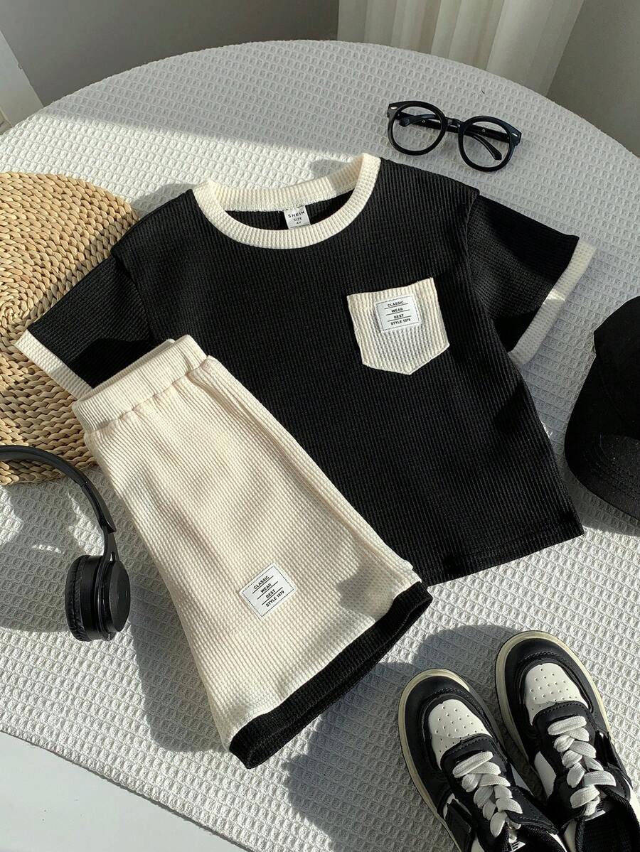 SHEIN 2 Peças Conjunto de Camiseta de Manga Curta com Gola Redonda e Barra Canelada e Shorts Tricotados, Texturizados, com Bolso, Estilo Casual Jovem - Multicolorido - Visão 1