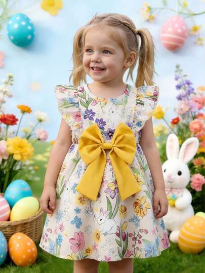 Souflis Souflis 1pc Baby Girls' Summer New Round Neck Dress, Cute Rabbit & Floral Print, Ruffle Trim, Elastic Waist, Big Bow Decor, Simple & Versatile Holiday Dress