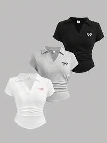 SHEIN Girlism 儿童夏季柔软舒适上衣三件套，黑/白/灰三色可选，百搭方领V领短袖T恤，设计师款夏季休闲Polo衫，修身合身剪裁，清新少女风，蝴蝶结刺绣纯色休闲Polo衫三件装，女童上衣套装，女童短袖上衣，女童针织衫，女童翻领衬衫，修身衬衫，青少年女童衬衫，舒适上衣，基础款女装上衣 - 彩色 - 查看 11