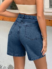 EURMUSE Short de mujer 100% algodón rígido de lavado medio - Azul lavado oscuro - Ver 2