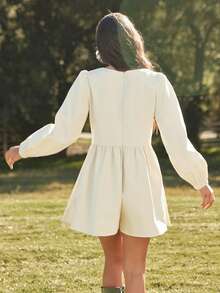 WESTFADE !00% Cotton Twill V Neck Bow Tie Front Pintuck Pleats Long Sleeve Loose Fit Romper - Apricot - View 2