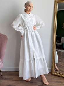 DAZY Robe chemise blanche à empiècement en dentelle, style mode décontractée et bureau, pour le printemps et l'été. Robe longue et ample, robe d'été pour femmes - Blanc - Voir 5