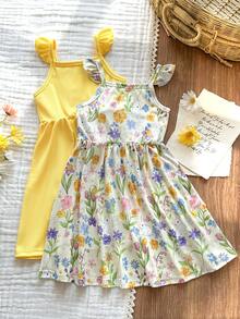 SHEIN Vintaside Kids 2pcs/Set Young Girls Floral Print Sleeveless A-Line Elastic Waist Dress, Suitable For Casual, Beach, Holiday Wear, Summer - Yellow - View 3