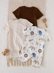 SHEIN Playful Pals Bộ 3 món áo liền quần cho bé trai, họa tiết dễ thương + kẻ sọc + màu trơn, mềm mại và thoải mái, thích hợp mặc ở nhà, chơi thể thao ngoài trời và dự tiệc. - Màu Khaki - Xem 2