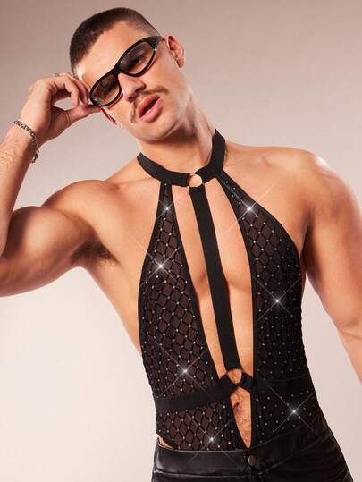 FeverCity 男士性感透视格子网眼水钻装饰镂空露背吊带连体衣