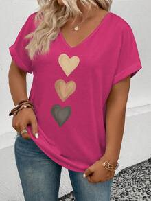 EMERY ROSE Women's V-Neck Flared Cuff, Ombre Heart Print Casual Versatile T-Shirt, Spring/Summer - Hot Pink - View 4
