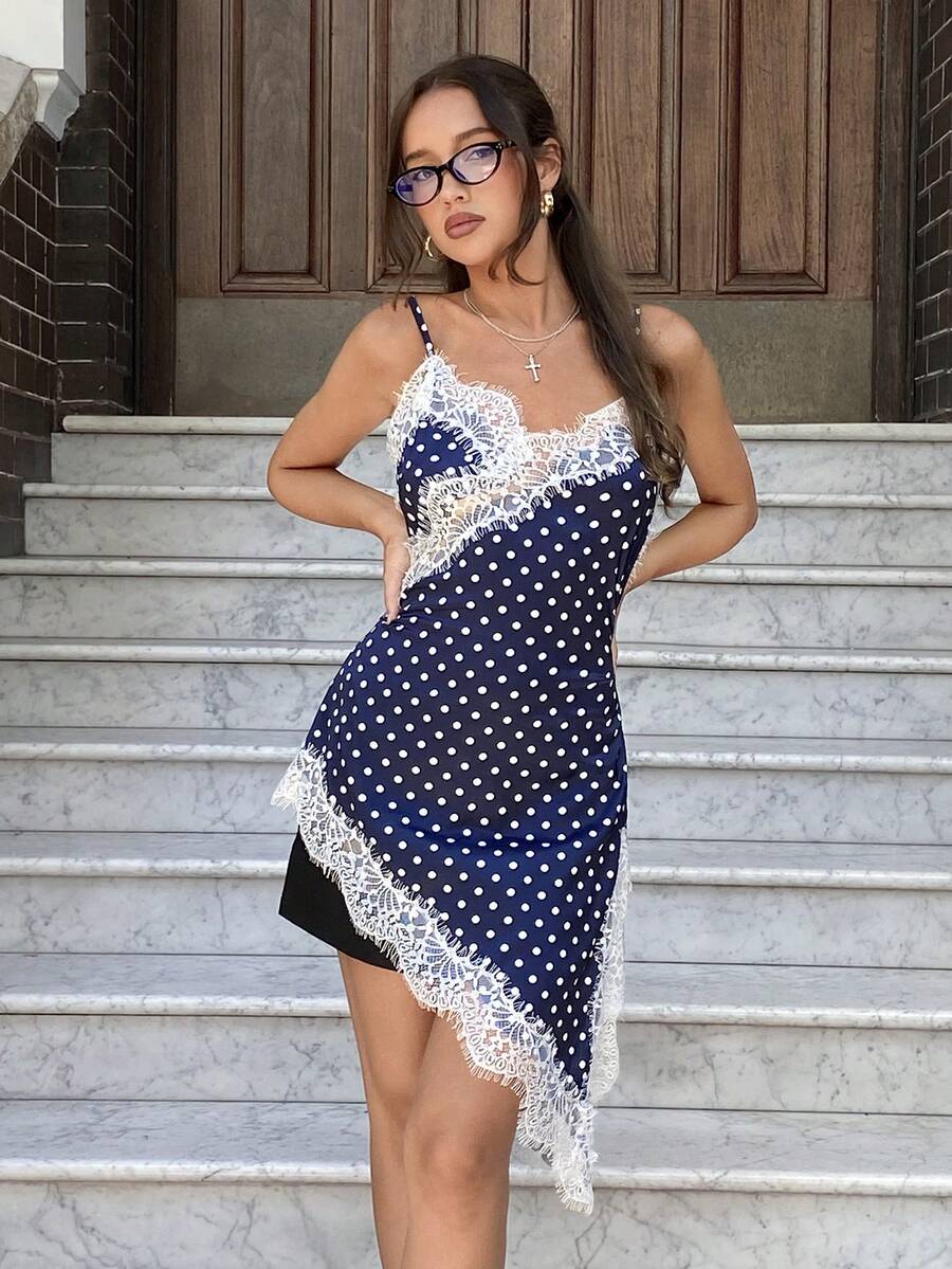MainGRL Satin Polka Dot Contrast Lace Asymmetric Hem Camisole Top For Women, Vacation For Women, Summer For Women - Navy Blue - View 1