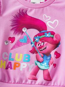 SHEIN Trolls Baby Girl Casual Cartoon Pattern Ruffle Trim Sweatshirt And Pants Set, Autumn - وردي - مشاهدة 4